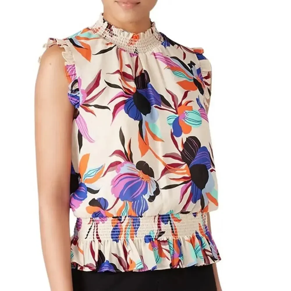 J. Crew NWOT Gorgeous Multicolor Bold Floral Ruffle Blouse Smocking Size 00